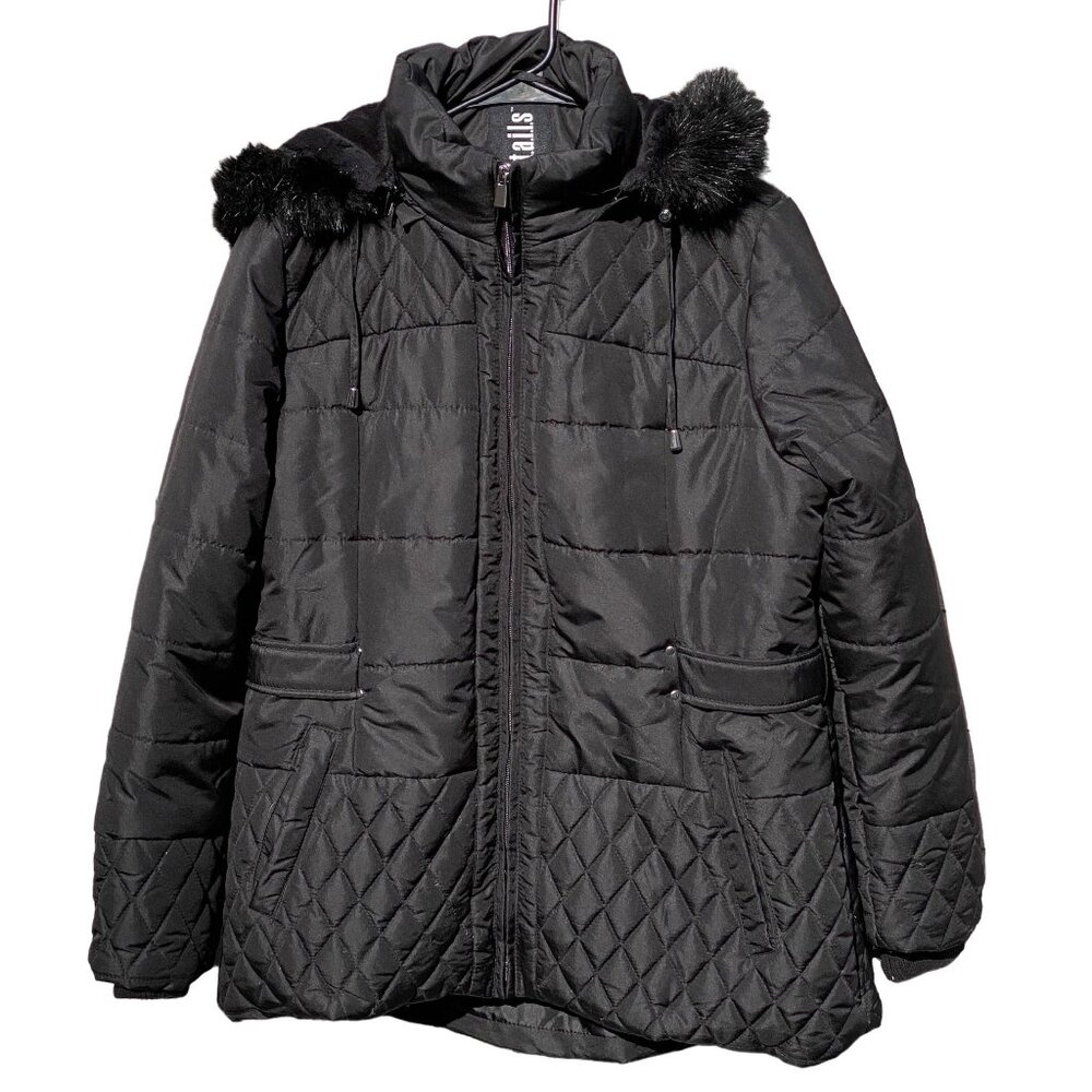 St  Johns Bay Quilted Black Hooded Winter Coat Faux Fur Front Zipper Women L